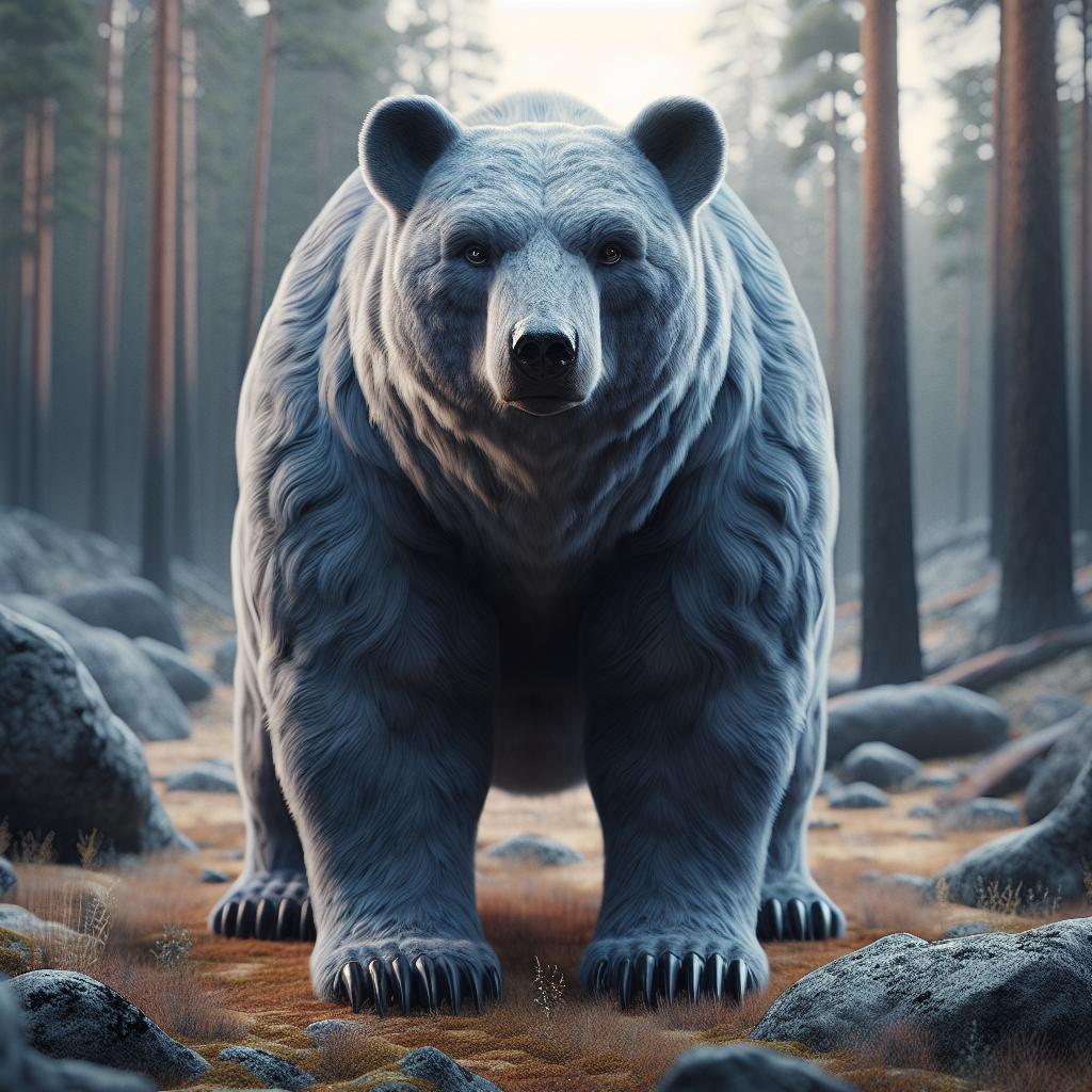 Photographie hyperréaliste, 8K, d'un ours de taille imposante mais à la musculature normale, au centre d'une image.  Son pelage est d'un gris-bleuté, presque métallique, avec une texture épaisse et légèrement soyeuse, comme du bois poli de l'Arbre-Monde. Ses griffes sont longues, noires et acérées. Ses yeux sont d'un noir profond, intelligents et perçants, avec une faible lueur intérieure.  Il se tient dans un cirque rocheux du Plan Forêt ; l'arrière-plan est flou, montrant des rochers gris et bruns et une végétation clairsemée.  Éclairage naturel, lumière diffuse du jour. Profondeur de champ faible, focus sur l'ours. Ambiance mystérieuse et paisible.
