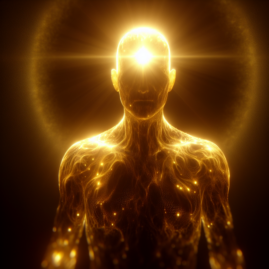 Photographie hyperréaliste, très détaillée, d'un Avatar, une créature humanoïde au centre de l'image,  émettant une lumière jaune intense et presque aveuglante.  Sa forme est clairement humaine, de taille adulte et de corpulence athlétique, mais ses traits faciaux sont flous et indéfinis à cause de l'intense luminosité.  La lumière jaune est chaude,  vibrant légèrement,  avec des nuances subtiles d'or et d'ambre.  On peut percevoir une certaine texture à la surface lumineuse,  comme si la lumière elle-même avait une consistance physique.  Le corps semble légèrement transparent par endroits, laissant entrevoir des formes indistinctes derrière la lumière.  Les contours de la silhouette sont nets,  définissant une posture droite et puissante.  L'arrière-plan est sombre et flou,  avec des teintes sombres et indistinctes, suggérant un environnement chaotique, mais sans détails précis afin de concentrer l'attention sur l'Avatar.  L'éclairage est principalement issu de l'Avatar lui-même,  créant un halo lumineux intense qui se fond progressivement dans l'obscurité ambiante.  Le style doit être photographique hyperréaliste, avec une profondeur de champ faible, focalisée sur l'Avatar.  Le rendu doit être extrêmement réaliste,  avec des textures de lumière et des effets de transparence très détaillés. L'ambiance doit être à la fois mystique et menaçante,  mettant en valeur la puissance et l'étrangeté de l'Avatar.  La lumière doit être si intense qu'elle crée une sensation de chaleur presque palpable.
