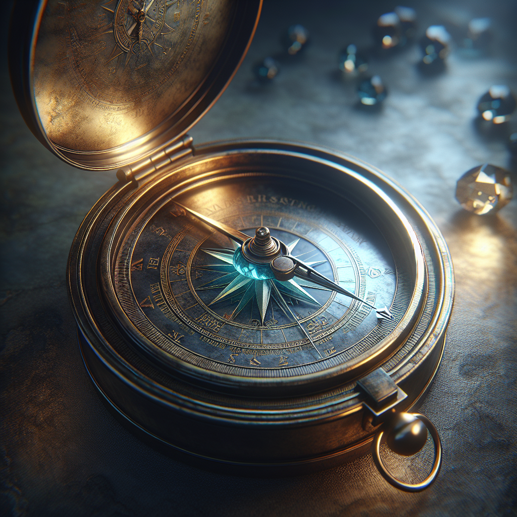 Photographie hyperréaliste, très détaillée, d'une boussole au centre d'une image.  La boussole est en métal vieilli, bronze foncé, avec une aiguille en acier fin et délicatement équilibrée qui semble flotter légèrement au-dessus d'un cadran en laiton poli, orné de gravures complexes et de chiffres romains anciens. L'aiguille pointe vers le haut de l'image, en direction d'une lumière chaude et subtile. Le boîtier de la boussole est rond, de taille moyenne (environ 10 cm de diamètre), avec un couvercle transparent laissant voir le mécanisme interne.  De minuscules cristaux bleus, translucides et brillants, sont visibles à l'intérieur, près de l'aiguille, émettant une faible lueur.  Le fond est flou et sombre, suggérant un environnement mystérieux et ancien. La lumière est douce et tamisée, avec des reflets subtils sur le métal poli. Le style doit être photographique hyperréaliste, avec un rendu extrêmement réaliste des textures du métal, du laiton et des cristaux. La profondeur de champ est faible, focalisée sur la boussole. L'ambiance doit être mystérieuse et légèrement magique. La boussole doit être parfaitement nette et précise, occupant environ 70% de l'espace. Le rendu doit être très réaliste, avec une texture métallique réaliste et des détails très précis des gravures et des cristaux.  L'aiguille doit être parfaitement nette et visible.
