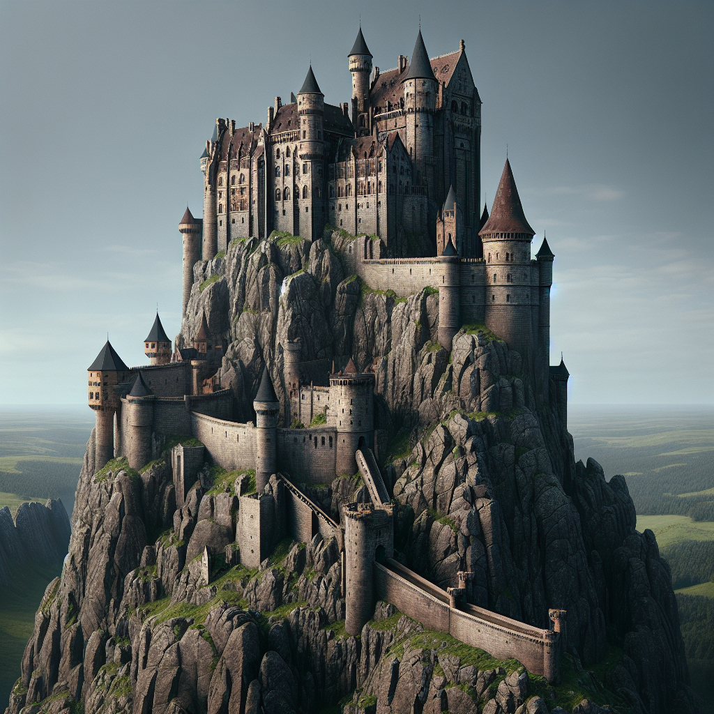 Photographie hyperréaliste, très détaillée, d'un majestueux château médiéval perché au sommet d'un pic rocheux imposant et isolé.  Le château, occupant le centre de l'image et dominant le paysage, est un imposant bâtiment de pierre grise et brune, avec des murs épais et des tours imposantes aux toits coniques recouverts de tuiles brun-rouge foncé. Des créneaux ornent les remparts,  et des fenêtres hautes et étroites,  dont certaines laissent entrevoir des vitraux colorés (quelques détails des vitraux peuvent être visibles), sont réparties sur les murs. Un pont-levis, partiellement abaissé, permet l'accès à la cour intérieure. Le pic rocheux sur lequel il est bâti est d'une hauteur considérable, abrupt et escarpé, avec des falaises visibles de chaque côté.  La végétation est luxuriante et verdoyante sur les pentes inférieures du pic et s'étend sur une vaste plaine environnante,  créant un contraste frappant avec la roche sombre et imposante du pic. La plaine est une étendue uniforme de champs verts et de forêts,  s'étendant à perte de vue jusqu'à un horizon lointain et verdoyant. Le ciel est un bleu clair et limpide, avec quelques nuages vaporeux et blancs, légèrement dispersés. L'éclairage est naturel et réaliste, avec des ombres profondes et des jeux de lumière qui mettent en valeur l'architecture du château et la texture de la pierre. Le style est photographique hyperréaliste, très détaillé, avec une profondeur de champ qui permet de percevoir l'immensité de la plaine verdoyante et la hauteur impressionnante du château. Le rendu doit être réaliste, avec des textures de pierre, de bois et de végétation très réalistes. L'ensemble doit créer une ambiance à la fois majestueuse et imposante, reflétant la puissance, l'histoire et l'isolement de Château-sur-Pic. Aucun personnage ne doit être visible. La composition doit être équilibrée, avec le château au centre, dominant de manière spectaculaire le paysage environnant. Des détails architecturaux précis doivent être visibles, comme les créneaux, les fenêtres, les tuiles et la texture des murs. La perspective doit être choisie pour mettre en valeur la hauteur impressionnante du château et le contraste avec la plaine verdoyante environnante.  L'accent doit être mis sur la hauteur vertigineuse du pic rocheux et l'impression de grandeur du château.
