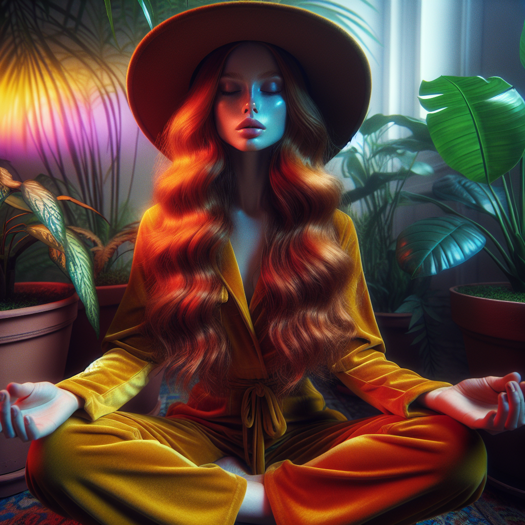 Photographie hyperréaliste d'une jeune femme rousse aux longs cheveux ondulés, vêtue d'une salopette jaune doré, un large chapeau brun cachant partiellement son visage,  assise en méditation profonde au milieu d'une pièce remplie de plantes en pots.  Une intense lumière multicolore irradie d'elle,  illuminant les feuilles des plantes avec des couleurs vibrantes et saturées.  Style photographique hyperréaliste, rendu réaliste des textures, faible profondeur de champ, focus sur la jeune femme.
