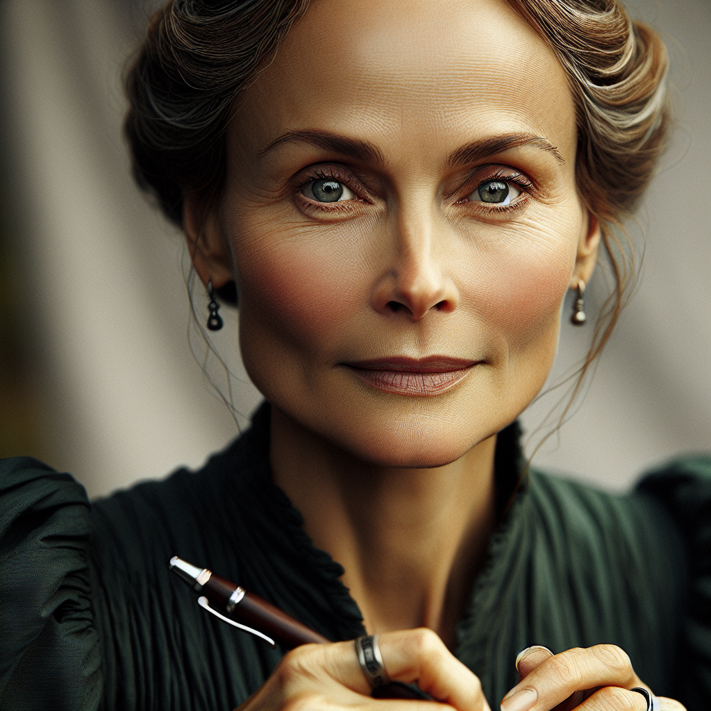 Photographie hyperréaliste, très détaillée, d'une femme d'âge mûr, d'environ 45 ans.  Son visage est rond et son expression est calme et sereine, mais déterminée.  Sa peau est légèrement bronzée, avec des rides fines et discrètes autour des yeux et de la bouche, témoignant d'une vie active et passée en partie à l'extérieur. Ses cheveux sont châtain clair, tirés en arrière en un chignon élégant et serré, quelques mèches fines échappant près de ses tempes.  Elle porte de petites boucles d'oreilles discrètes en argent, de forme simple et élégante, et une montre à cadran rectangulaire en argent au poignet gauche. Ses yeux sont d'un brun clair et lumineux, perçants et intelligents. Elle porte une robe longue et ample, de couleur vert forêt foncé, en tissu épais et légèrement froissé, suggérant une longue journée de travail, mais impeccablement propre et bien entretenue.  La robe est simple, sans fioritures, mais bien taillée. Ses mains, fines et habiles, tiennent un carnet de notes relié en cuir brun foncé, patiné par le temps, et un stylo plume en bois sombre. Elle est légèrement penchée sur le carnet, concentrée sur une tâche administrative. L'éclairage est naturel et doux, mettant en valeur la texture de sa peau, de ses vêtements et des détails du carnet et du stylo. La femme est au centre de l'image, occupant une place importante sans dominer l'espace. L'arrière-plan est flou et suggère un intérieur de château médiéval, avec des éléments de bois sombre et des détails architecturaux subtils. Le style est photographique hyperréaliste, très détaillé, avec une faible profondeur de champ, focalisée sur le visage et les mains de la femme.  Le rendu doit être réaliste et précis, avec une texture de peau, de cheveux et de vêtements très réaliste.  L'ambiance doit être sereine et professionnelle, reflétant l'efficacité et la compétence d'Elana.
