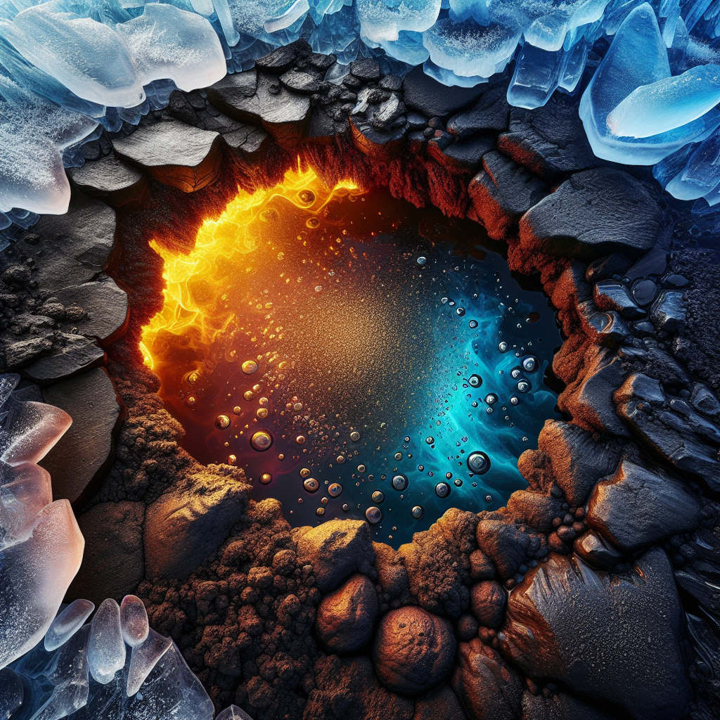 Photographie hyperréaliste, très détaillée, d'une flaque de passage entre le Plan Glace et le Plan Volcan de l'Arbre-Monde. Au centre de l'image, une flaque d'eau circulaire, agissant comme un portail.  Côté Plan Volcan : l'eau est trouble, bouillonnante, d'un brun-rougeâtre, encadrée de roches volcaniques noires, rugueuses et chaudes. On aperçoit des vapeurs sulfureuses jaunâtres s'élevant au-dessus. Côté Plan Glace : l'eau est parfaitement transparente, d'un bleu profond cristallin, entourée de glace immaculée et lisse, avec des nuances de blanc et de bleu glacial.  La glace est parfaitement lisse et réfléchit la lumière de manière intense.  Le contraste entre les deux côtés de la flaque doit être extrêmement marqué, la température et l'environnement étant radicalement différents. La profondeur de champ doit être faible, focalisée sur la flaque. L'éclairage doit être réaliste et mettre en valeur le contraste entre la chaleur du Plan Volcan et le froid glacial du Plan Glace.  Aucun personnage ne doit être visible.  Le style doit être photographique hyperréaliste.
