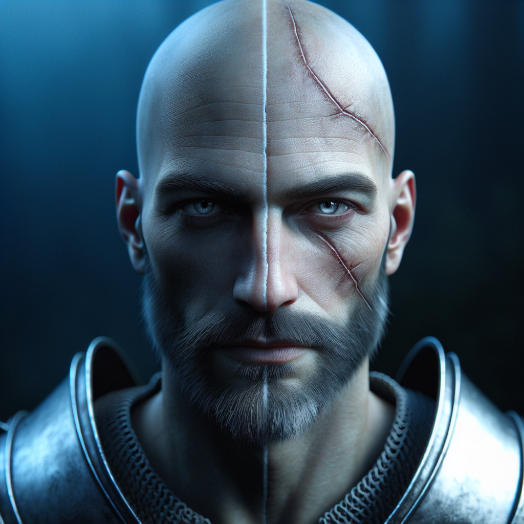 Photographie hyperréaliste, style portrait, éclairage naturel du crépuscule, du Franck originel au centre d'une image. Cadrage serré sur le buste et la tête.  Il est un homme chauve d'environ 1m80, à la musculature visible et réaliste,  ni trop maigre, ni surdéveloppée.  Sa peau est légèrement bronzée, avec une texture réaliste, pores,  légères imperfections et quelques cicatrices mineures visibles en plus de la grande cicatrice.  Une cicatrice épaisse, profonde et blanche, d'apparence ancienne, part du sommet de son crâne, traverse son visage entier, descendant le long de son cou et visible en partie sur sa poitrine. La cicatrice est nette, avec des bords légèrement surélevés et une texture légèrement rugueuse,  présentant des variations subtiles de couleur, avec des nuances rosées près des bords et une teinte nacrée au centre. Les deux moitiés de son visage, divisées par la cicatrice, présentent une différence de teinte subtile mais perceptible : la moitié gauche est légèrement plus pâle et plus froide que la moitié droite. Ses yeux sont d'un bleu acier intense, perçants et vigilants, exprimant à la fois une détermination silencieuse et une profonde mélancolie.  Les yeux sont humides et brillants, avec des reflets de lumière.  Quelques fines veines sont visibles au niveau des tempes et du cou.  Il porte une armure de chevalier médiéval en métal argenté poli,  légèrement usée par les combats,  avec des traces d'utilisation réalistes (petites éraflures,  patine), mais impeccables, témoignant d'un entretien méticuleux. L’armure est détaillée, avec des plaques ajustées et des textures réalistes du métal.  Ses mains, puissantes et calleuses, mais fines et agiles, sont visiblement expertes dans le maniement des armes, les veines et les tendons étant légèrement visibles. Le casque est légèrement relevé, la visière ouverte, révélant sa tête chauve et nette. L'arrière-plan est fortement flou,  avec des nuances de vert foncé et de brun, suggérant une forêt dense et profonde au crépuscule, mais sans détails précis pour ne pas détourner l'attention du Franck.  Style photographique hyperréaliste, avec textures de peau, métal et tissu (éventuellement visible sous l'armure) extrêmement réalistes.  Éclairage naturel du crépuscule,  mettant en valeur l'intensité de son regard, les détails de la cicatrice et la texture de la peau.  L'ambiance doit être puissante, mystérieuse, mélancolique et légèrement dramatique.  La profondeur de champ doit être faible, focalisée sur le Franck.  Le rendu doit être très réaliste, avec une attention particulière à la texture de la peau, aux détails du visage, et à la brillance subtile de l'armure.  Insister sur le réalisme de la peau et de la musculature, éviter tout aspect robotique ou artificiel.  Le Franck doit avoir une expression complexe,  un mélange de force tranquille, de détermination et de tristesse contenue.