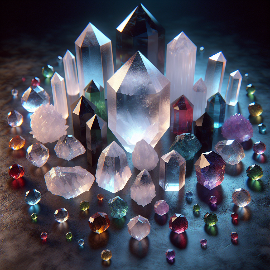 Photographie hyperréaliste, très détaillée, d'un agencement de cristaux au centre d'une image sur une surface sombre et légèrement texturée.  L'agencement est composé de trois cristaux principaux de taille et de forme identiques, disposés en triangle équilatéral : un cristal blanc opaque, émettant une douce lumière intérieure; un cristal noir opaque, parfaitement lisse et réfléchissant; et un cristal incolore, presque transparent, légèrement irisé et qui semble légèrement flotter au-dessus de la surface.  Autour de ces trois cristaux principaux, des cristaux plus petits, de diverses couleurs (rouge, rose, vert, bleu, jaune, orange, cyan)  sont disposés de manière aléatoire mais harmonieuse, créant un halo coloré.  Chaque cristal doit afficher des textures réalistes, avec des facettes, des inclusions et des reflets précis. L'éclairage est subtil et réaliste,  mettant en valeur la brillance, la transparence et les couleurs de chaque cristal, avec des ombres et des reflets subtils.  Style photographique hyperréaliste, très détaillé, avec une faible profondeur de champ focalisée sur les cristaux. Le rendu doit être scientifique et précis,  mettant en avant la pureté, la beauté et la diversité des cristaux.
