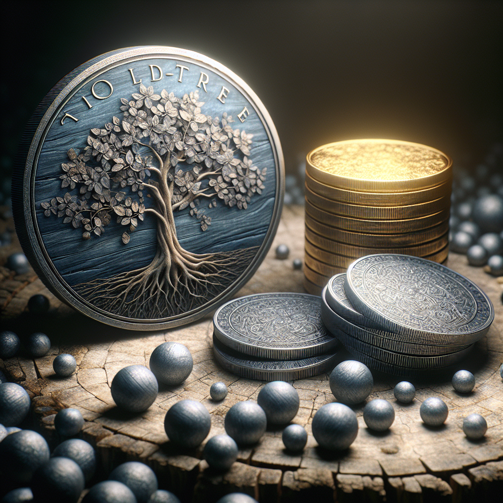 Photographie hyperréaliste, très détaillée, de quatre pièces de monnaie de l’Arbre-Monde disposées au centre sur un fond sombre et légèrement texturé.  Au premier plan, une pièce d'Arbre-Monde : un disque de 5 cm de diamètre et 2 mm d'épaisseur en bois gris-bleuté, presque métallique, avec des veines sombres et des reflets subtils.  À côté, une pièce d'or : un disque fin et brillant avec des détails précis de motifs gravés, émettant une douce lumière dorée.  Puis, une pièce d'argent : plus petite, moins brillante, avec une texture légèrement rugueuse. Enfin, une pile de billes de zinc : couleur gris clair, légèrement brillantes. Chaque pièce est parfaitement nette, avec des textures très réalistes.  Profondeur de champ faible, focalisée sur les pièces. Ambiance mystérieuse et riche. Style photographique hyperréaliste.

