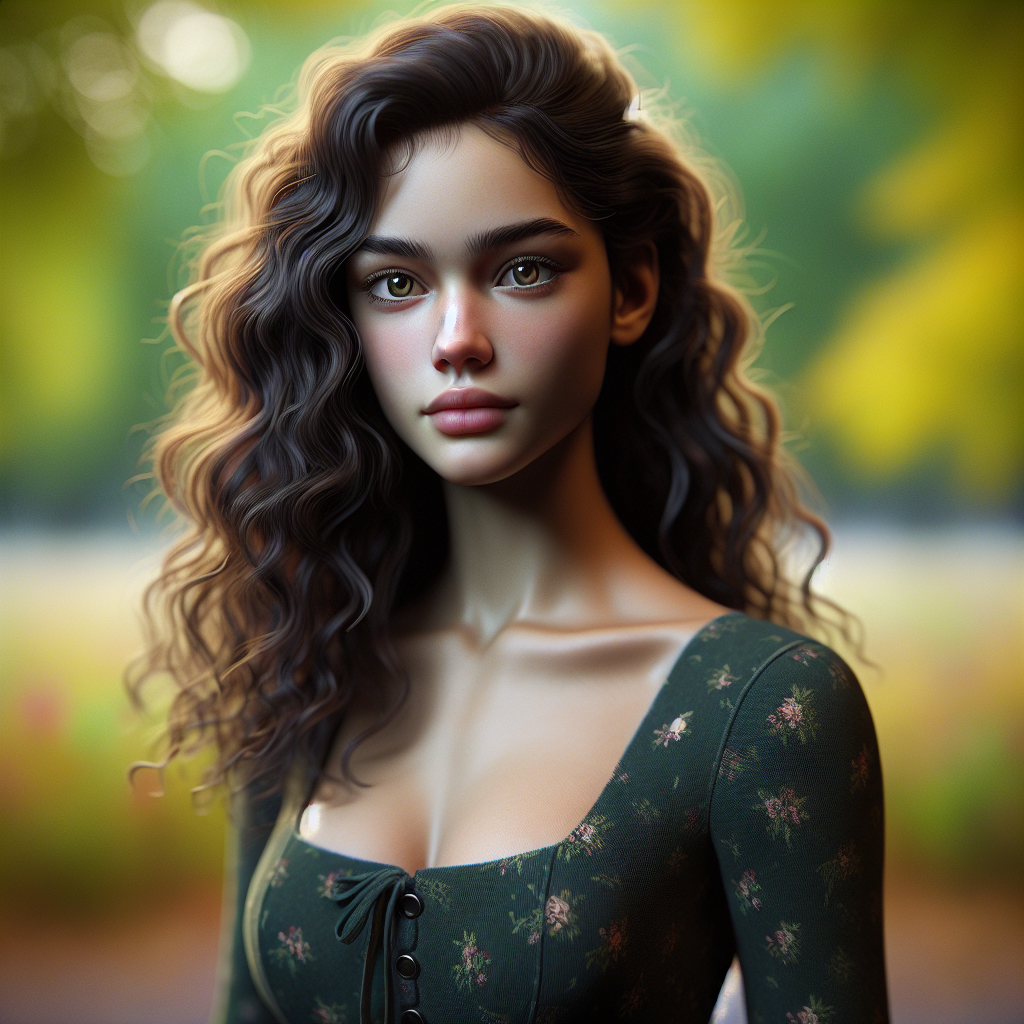 Portrait réaliste d'une jeune femme de 17 ans, de taille moyenne et à la silhouette athlétique et gracieuse, au teint pâle.  Ses longs cheveux noirs et bouclés sont détachés, encadrant un visage fin et délicat avec des yeux noirs brillants d'intelligence et de détermination.  Elle porte une robe élégante et pratique, de couleur verte foncée ornée de motifs floraux discrets,  adaptée à la vie dans la nature.  L'éclairage doit être doux et naturel, mettant en valeur la beauté et la douceur de son visage.  Le fond doit être flou et suggérer une savane verdoyante, avec des arbres et des fleurs en arrière-plan.  Style photographique hyperréaliste, très détaillé, avec une profondeur de champ faible focalisée sur le visage et le buste de la jeune femme. La jeune femme doit être au centre de l'image.