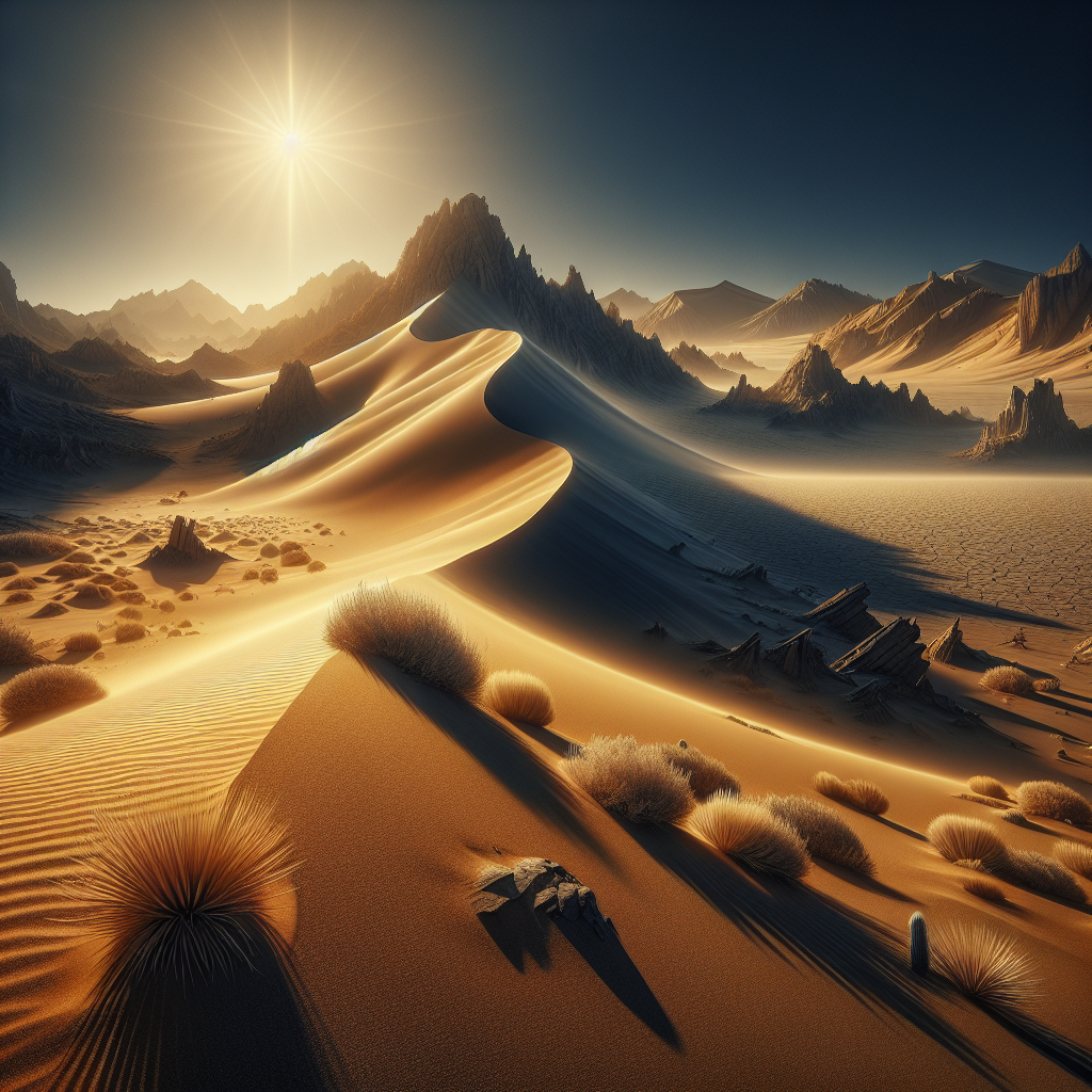 Photographie hyperréaliste, très détaillée, d'un paysage désertique grandiose et contrasté. Au centre de l'image, une immense dune de sable ondule sous un soleil brûlant, sa surface striée par le vent,  un sable fin et doré,  avec des nuances plus foncées dans les creux et les ombres.  Au premier plan, quelques touffes clairsemées de buissons épineux et des plantes résistantes à la sécheresse luttent pour survivre dans ce milieu aride.  En arrière-plan,  des montagnes arides et rocheuses,  de couleur ocre et beige,  se dressent à l'horizon, leurs sommets dentelés se détachant sur un ciel bleu profond et immaculé.  Des formations rocheuses érodées par le temps,  aux formes étranges et sculptées par le vent,  parsèment le paysage.  L'éclairage est intense et réaliste,  avec un soleil de midi qui projette des ombres profondes et allongées sur le sable.  Un ciel presque dépourvu de nuages,  mais avec une légère brume de chaleur à l'horizon.  Le style est photographique hyperréaliste, très détaillé,  avec une profondeur de champ importante pour mettre en valeur l'immensité et la grandeur du désert.  Le rendu doit être réaliste,  avec des textures de sable, de roche et de végétation très réalistes. L'ensemble de la scène doit créer une ambiance à la fois majestueuse et hostile, reflétant la beauté fascinante et la dureté extrême du Plan Désert.  On ne doit pas voir de personnages ni d'oasis.  Le vide et l'immensité du désert doivent être au centre de l'image.


