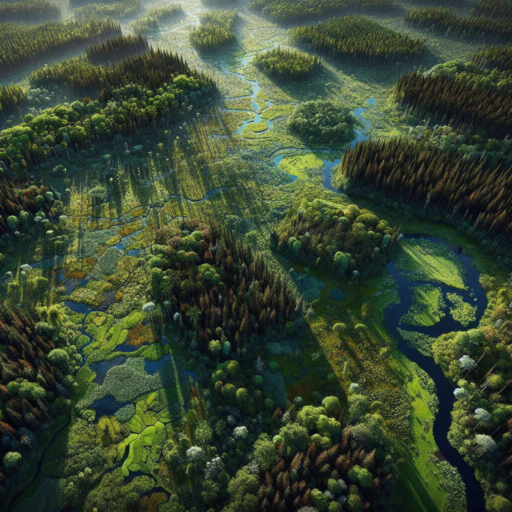 Vue aérienne hyperréaliste et très détaillée d'un vaste paysage forestier.  Au centre de l'image, une mosaïque de biomes forestiers distincts : des forêts de feuillus denses et sombres, des forêts de conifères plus claires et élancées, des clairières herbeuses et ensoleillées, des zones marécageuses avec une végétation aquatique luxuriante, et des rivières sinueuses serpentant à travers le paysage.  Les différentes zones sont clairement définies par des variations de couleur et de texture de la végétation. Les arbres sont denses et variés, avec des détails réalistes sur les feuilles, l'écorce et les branches.  La lumière du soleil est diffusée à travers la canopée,  créant un jeu subtil d'ombres et de lumières sur le sol forestier.  Les rivières sont d'un bleu profond et clair, reflétant la lumière du ciel.  Les zones marécageuses sont d'un vert plus foncé et plus saturé. Les clairières sont d'un vert vif et éclatant.  Le style est photographique hyperréaliste, avec une profondeur de champ importante et une perspective aérienne qui permet d'apprécier l'immensité et la diversité du paysage.  Le rendu doit être réaliste et précis, avec des textures de végétation, d'eau et de sol très réalistes.  L'ambiance doit être sereine et paisible, reflétant la richesse et la beauté de la nature.  Aucun personnage ou élément artificiel ne doit être visible. La composition doit être équilibrée, avec les différents biomes forestiers disposés de manière harmonieuse et naturelle.  Des détails subtils, comme des variations de couleur dans le feuillage ou des reflets dans l'eau,  peuvent être ajoutés pour augmenter le réalisme. La vue aérienne doit être suffisamment haute pour montrer l'étendue du paysage forestier, tout en gardant suffisamment de détails pour distinguer les différents biomes.


