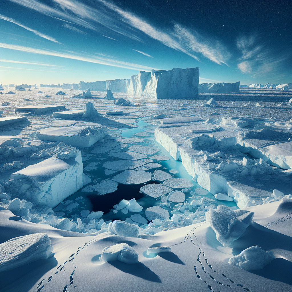 Photographie hyperréaliste, très détaillée, d'une vaste étendue de banquise sous un ciel clair et glacial. Au centre de l'image, une surface de glace presque infinie, d'un blanc éclatant,  se déploie à perte de vue.  La glace est texturée de manière réaliste,  avec des nuances de blanc et de bleu glacial,  des crevasses profondes et des fissures fines sillonnant la surface.  Des blocs de glace géants,  détachés de la banquise principale,  dérivent à la surface,  créant des icebergs imposants.  Au premier plan,  on peut apercevoir quelques traces d'ours polaires dans la neige,  et peut-être un petit lac d'eau libre d'un bleu profond.  Le ciel est un bleu clair et pur,  avec une légère teinte bleutée,  accentuant le froid intense et la pureté du paysage.  L'éclairage est doux et diffus,  sans ombres marquées,  mettant en valeur la brillance et la texture de la glace. Le style est photographique hyperréaliste, très détaillé, avec une profondeur de champ importante,  pour mettre en valeur l'immensité et la grandeur de la banquise.  Le rendu doit être réaliste, avec des textures de glace et de neige très réalistes.  L'ensemble doit créer une ambiance à la fois majestueuse et hostile,  reflétant la beauté fascinante et la dureté extrême du Plan Glace.  Aucun élément artificiel, personnage ou structure humaine ne doit être présent.  L'immensité et la pureté du paysage glacé doivent être mis en avant au centre de l'image.  La perspective doit être large pour montrer l'étendue de la banquise.


