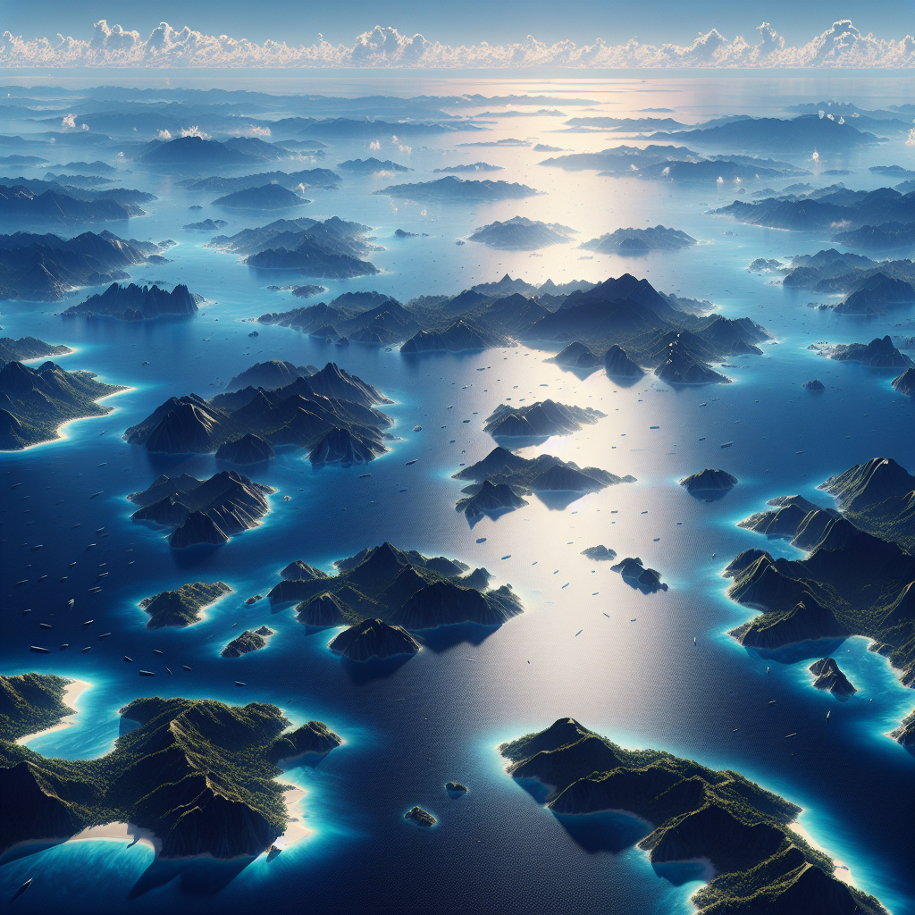 Photographie hyperréaliste, très détaillée, d'un vaste océan vu d'une altitude élevée. Au centre de l'image, une multitude d'îles de formes et de tailles variées émergent d'un océan d'un bleu profond et intense,  avec des nuances subtiles de turquoise et de bleu marine. L'eau est texturée de manière réaliste,  avec des reflets de lumière et de minuscules vagues suggérant un léger mouvement.  Les îles présentent une grande diversité : certaines sont de petites îles basses et sablonneuses avec des plages de sable blanc immaculé, d'autres sont de grandes îles montagneuses et volcaniques avec des côtes rocheuses et escarpées,  et d'autres encore sont des îles luxuriantes couvertes de forêts denses,  avec des nuances de vert allant du vert clair au vert foncé. La végétation est visible sur certaines îles, mais sans détails excessifs.  L'eau est translucide près des îles et devient progressivement plus sombre au loin. Le ciel est un bleu clair et limpide,  avec quelques nuages ténus et vaporeux,  légèrement dispersés, ne gênant pas la vue sur l'océan et les îles. L'éclairage est naturel et réaliste, avec une lumière solaire douce et diffuse,  créant une atmosphère sereine et lumineuse. Le style est photographique hyperréaliste, très détaillé, avec une perspective aérienne offrant une vue plongeante sur l'océan et les îles. La profondeur de champ est importante pour mettre en valeur l'immensité de l'océan et la diversité des îles. Le rendu doit être réaliste, avec des textures d'eau, de sable, de roche et de végétation très réalistes. L'ensemble doit créer une ambiance à la fois majestueuse et sereine, reflétant la grandeur et la beauté du Plan Océan. Aucun élément artificiel, personnage, bateau ou structure humaine ne doit être visible.  L'immensité et la diversité du Plan Océan doivent être mis en avant au centre de l'image.  La composition doit être équilibrée,  avec les îles dispersées de manière naturelle et harmonieuse sur la surface de l'océan.


