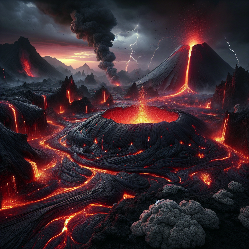 Photographie hyperréaliste, très détaillée, d'un paysage volcanique intense et contrasté. Au centre de l'image, se trouve un lac de lave bouillonnant, d'un rouge orangé incandescent,  avec des éclaboussures de lave projetées en l'air qui scintillent.  Autour du lac, des volcans imposants, aux pentes noires et rugueuses,  crachent des panaches de fumée noire et de cendres grises.  Des coulées de lave solidifiée, d'un noir intense et brillant,  s'étendent sur le sol, contrastant avec le rouge vif du lac de lave.  Des fumerolles s'échappent du sol,  révélant des vapeurs sulfureuses jaunâtres.  Des formations rocheuses imposantes,  sculptées par des siècles d'éruptions,  créent un paysage chaotique et spectaculaire.  Sur un promontoire rocheux au premier plan,  quelques touffes de lichen farineux blanchâtre,  seuls végétaux visibles,  sont accrochées à la roche sombre.  Le ciel est sombre et crépusculaire,  avec des teintes de rouge, d'orange et de gris,  renforçant l'ambiance intense et menaçante du paysage.  Des éclairs volcaniques zèbrent le ciel,  mettant en valeur la puissance brute de la nature. Le style est photographique hyperréaliste, très détaillé, avec une profondeur de champ importante, pour mettre en valeur l'immensité du paysage volcanique.  La lumière doit être un mélange de lumière rougeâtre provenant de la lave et de lumière ambiante sombre,  créant des contrastes marqués et une ambiance dramatique. Le rendu doit être réaliste, avec des textures de roche, de lave, et de fumée très réalistes. L'ensemble doit créer une atmosphère à la fois magnifique et dangereuse,  reflétant la puissance impressionnante et l'environnement hostile du Plan Volcan.  On ne doit pas voir de personnages.


