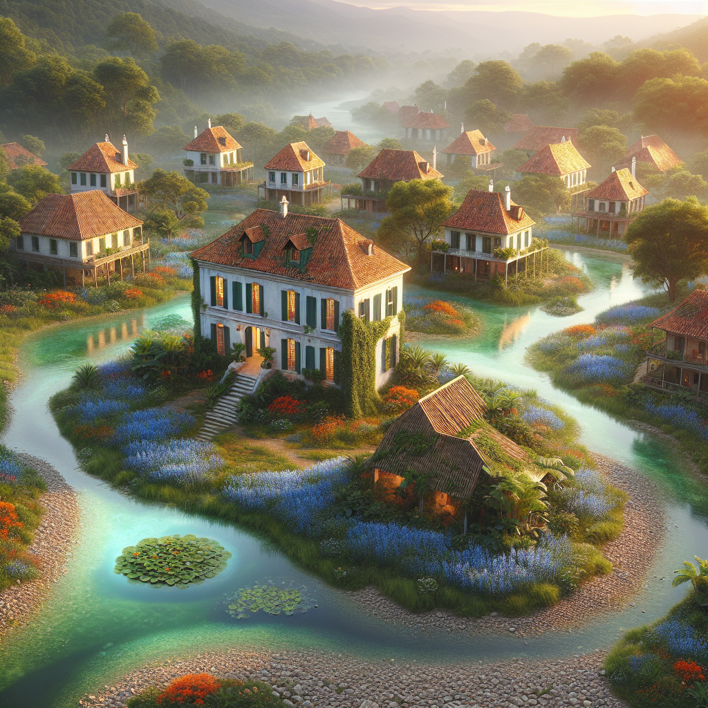 Photographie hyperréaliste, 8K, du village de Razelle au crépuscule.  Au centre, une vue aérienne plongeante sur le village et la rivière.  Razelle est un village composé d’environ 50 maisons de style colonial, construites en bois clair et terre cuite, aux toits de tuiles rouges orangées.  Les maisons sont disposées organiquement le long d'une rivière peu profonde et calme,  dont le lit de galets est partiellement visible à travers l'eau limpide.  De nombreux jardins luxuriants, bordés de fleurs colorées et variées, entourent les maisons. La rivière, d'un bleu-vert clair et translucide, serpente paisiblement à travers le village.  Au milieu de la rivière, une petite île verdoyante,  finement détaillée,  accueille le manoir de Myriam, seul bâtiment sur l'île.  Ce manoir, de style colonial, est blanc, avec des volets vert foncé, et est entouré d'une pelouse impeccable parsemée de fleurs bleues.  Un grand patio intérieur, avec des plantes en pots, est visible à travers un toit partiellement ouvert.  La végétation environnante est une savane luxuriante, avec des herbes hautes, des arbres clairsemés (acacias et baobabs suggérés) et une végétation caractéristique de la savane africaine.  Des collines légèrement ondulées forment l'horizon. Le ciel est un dégradé de couleurs chaudes du crépuscule, allant d'un orange intense à un rose doux. L'éclairage est réaliste et chaleureux, avec une lumière douce et diffuse du crépuscule qui crée des ombres allongées et des reflets dans l'eau peu profonde. Style photographique hyperréaliste, textures détaillées du bois, de la terre cuite, de la végétation de savane (herbes hautes, arbres clairsemés caractéristiques de la savane africaine), de l'eau et des toits de tuiles. Profondeur de champ importante pour mettre en valeur l'harmonie entre le village et son environnement de savane. Aucun personnage n'est visible. Le village et le manoir sont parfaitement nets et occupent le centre de l'image, environ 70% de l'espace. Le rendu doit être très réaliste, avec des couleurs saturées et une ambiance sereine et paisible, mettant en valeur la lumière chaude du crépuscule et la faible profondeur de la rivière. L'image doit évoquer un sentiment de calme et de tranquillité, reflétant la beauté naturelle du village et l'élégance isolée du manoir de Myriam sur son île, le tout intégré dans un paysage de savane africaine.  **Insister sur l'aspect savane africaine,  avec une végétation et des arbres typiques de ce biome.**
