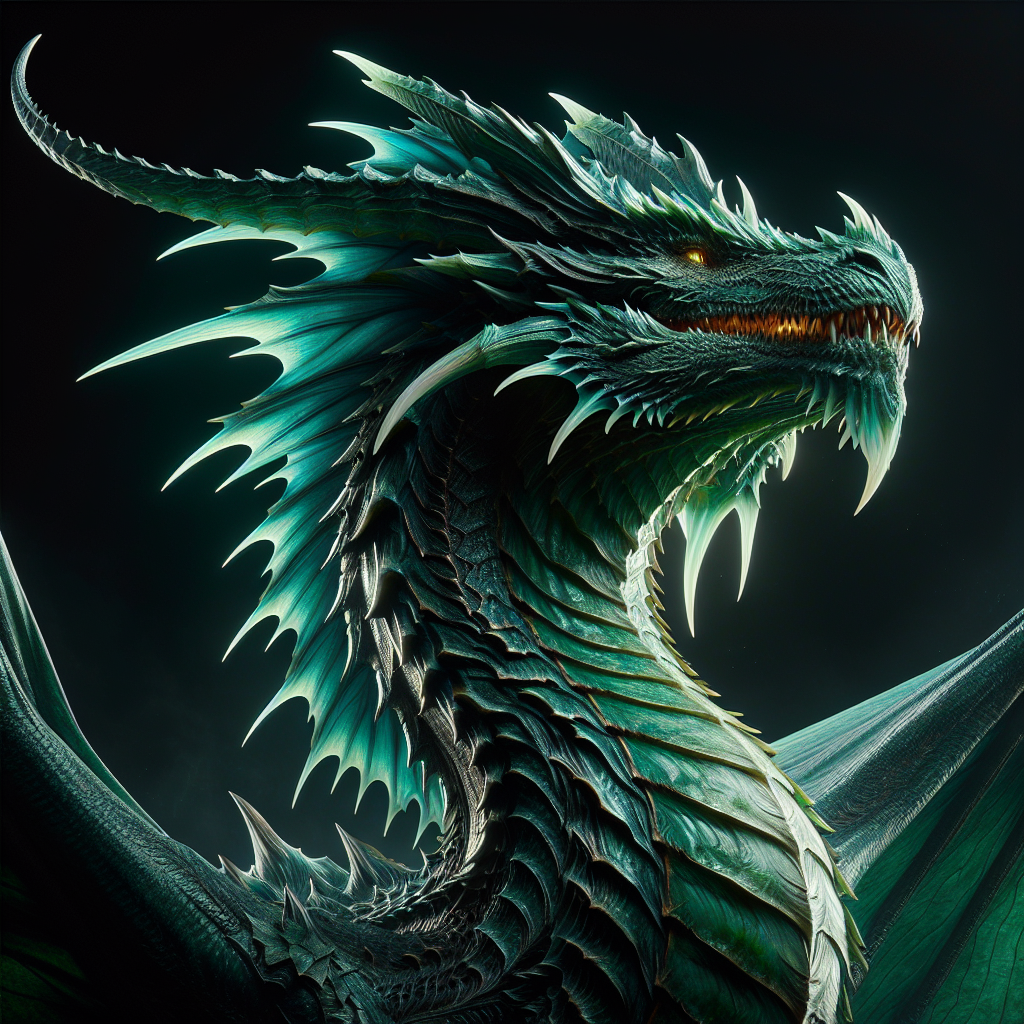 Photographie hyperréaliste, très détaillée, d'un imposant dragon vert émeraude, occupant le centre de l'image.  Le dragon mesure plus de 20 mètres de long,  son corps musclé et puissant est recouvert d'écailles lisses et brillantes, avec des reflets métalliques.  Des nuances plus foncées, presque noires, sont visibles sur son dos, contrastant avec le vert émeraude vif de ses flancs.  Sa tête est large et triangulaire,  avec une crête osseuse qui court le long de son cou,  légèrement translucide à la lumière.  Ses yeux, jaunes et perçants,  sont fixés sur l'observateur,  avec des pupilles verticales.  Ses ailes, partiellement déployées,  révèlent des membranes fines et translucides,  veinées de nervures osseuses.  Ses serres sont dotées de griffes acérées. Sa queue épaisse et musclée se termine en pointe.  Un léger brouillard chaud semble se dégager de son corps.  **Au centre de son front,  une Marque de l'Arbre-Monde est clairement visible.  C'est un arbre blanc lumineux,  d'une luminosité intense,  avec une texture presque palpable.  Les stries de l'écorce, les nervures des feuilles,  sont extrêmement détaillées. La lumière émane de l'intérieur de la marque,  créant des reflets intenses.  Une aura blanche et brillante l'entoure.** L'arrière-plan est légèrement flou,  suggérant un paysage montagneux brumeux.  L'éclairage est naturel et réaliste,  mettant en valeur la texture des écailles et la luminosité de la Marque. Le style est photographique hyperréaliste, avec un rendu extrêmement réaliste des textures et une profondeur de champ faible, focalisée sur le dragon.