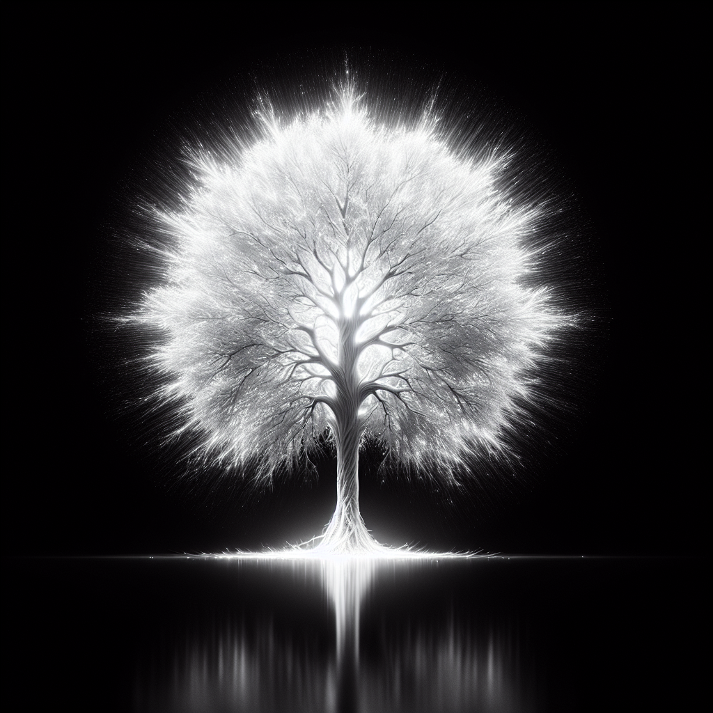 Image hyperréaliste, style photographie macro, d'une Marque de l'Arbre-Monde.  La marque est un arbre blanc, d'une luminosité intense,  comme sculpté dans de la lumière pure.  Chaque détail, aussi minuscule soit-il, est parfaitement visible : les stries de l'écorce, les nervures des feuilles, la texture presque palpable de la surface.  La lumière émane de l'intérieur de l'arbre,  créant une brillance subtile et des reflets intenses.  Une très légère aura blanche entoure l'arbre. Le fond est un noir absolu, profond et velouté.  L'arbre est seul,  sans aucun autre élément dans l'image.  Le contraste entre le blanc éclatant et le noir profond doit être extrême.  Le style doit être photographique hyperréaliste, avec un rendu extrêmement détaillé et réaliste de la lumière et de la texture.  La profondeur de champ est extrêmement faible, focalisée sur la marque.  L'ambiance doit être à la fois mystérieuse et sacrée,  reflétant la puissance et la signification de la Marque.  L'arbre doit être parfaitement centré, occupant presque toute l'image.  Le rendu doit être d'une qualité exceptionnelle,  comme une image scientifique de très haute résolution.  On doit sentir la chaleur et la lumière qui émanent de l’arbre.
