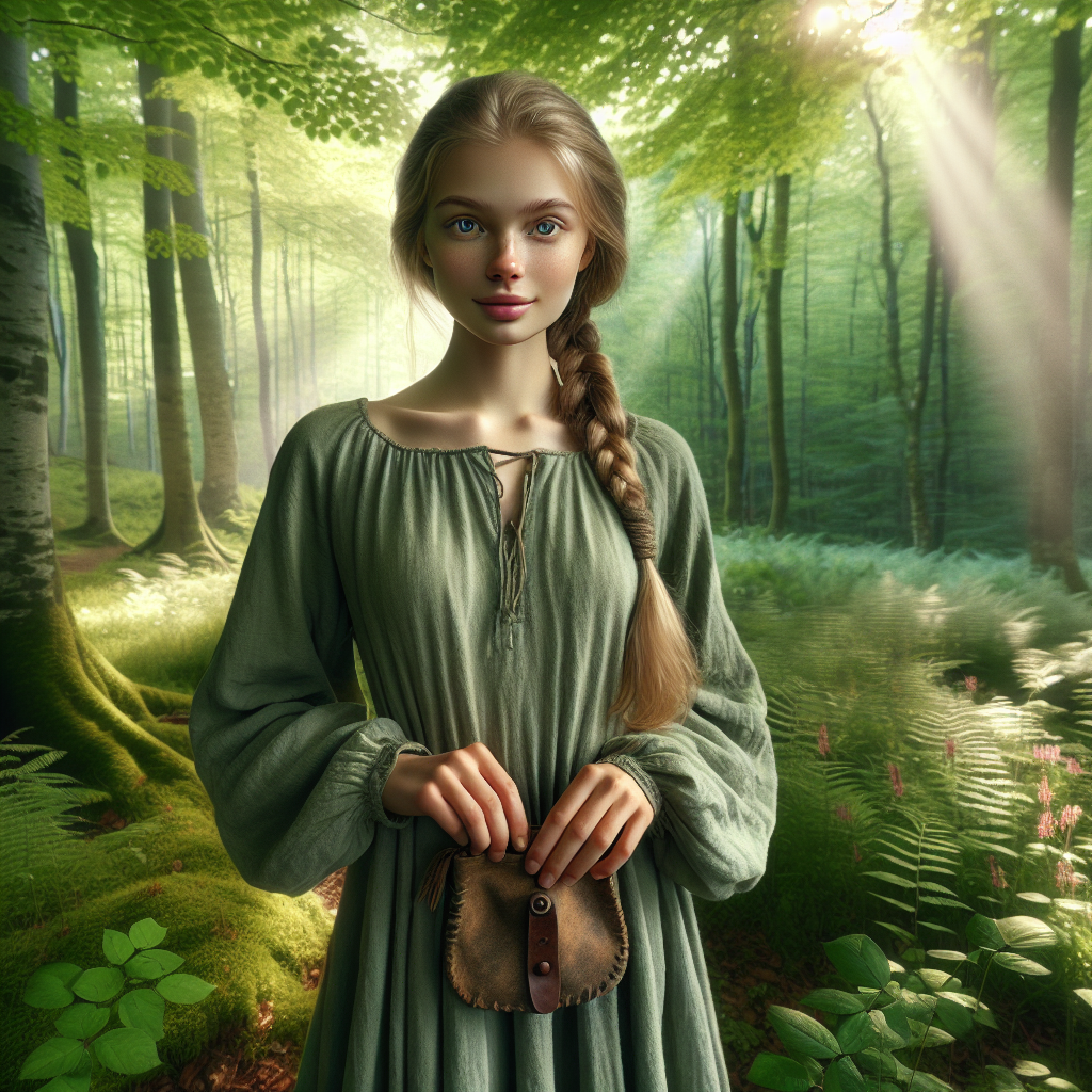 Photographie hyperréaliste, très détaillée, d'une jeune femme dans une forêt luxuriante.  Elle est au centre de l'image,  occupant une place importante mais sans dominer l'espace.  Elle est de taille moyenne, à la silhouette fine et agile.  Sa peau est claire et son visage doux et agréable.  Ses longs cheveux blonds sont tressés en une épaisse tresse qui retombe sur son épaule.  Ses yeux sont d'un bleu clair et lumineux,  reflétant sa douceur et sa connexion à la nature.  Elle porte une robe longue et ample de couleur vert forêt,  en tissu léger et fluide,  adaptée à la marche dans la forêt.  La robe est légèrement sale,  témoignant de ses activités dans la nature. Elle tient une petite trousse en cuir brun,  vieillie et usée,  dans une main,  et un délicat brin d'herbe dans l'autre. Autour d'elle,  la forêt est dense et verdoyante,  avec des arbres feuillus et des plantes variées.  Des rayons de soleil percent la canopée,  créant des jeux de lumière et d'ombre.  Des fleurs sauvages colorées parsèment le sol.  L'éclairage est naturel et doux,  mettant en valeur les détails de son visage,  de ses vêtements et des plantes environnantes.  Le style est photographique hyperréaliste, très détaillé,  avec une faible profondeur de champ,  focalisée sur la jeune femme.  Le rendu doit être réaliste,  avec une texture de peau et de vêtements réaliste, et une végétation forestière luxuriante et détaillée.  Son expression est calme et sereine,  révélant sa connexion avec la nature et sa personnalité bienveillante.  Elle porte une petite médaille en forme de fleur autour du cou.  Une petite biche la regarde discrètement depuis l’arrière-plan flou.


