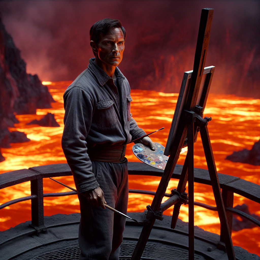 Photographie hyperréaliste, très détaillée, d'un Volcanien de taille moyenne, au centre de l'image,  debout sur une plateforme métallique surplombant un lac de lave bouillonnante. Il est légèrement penché, concentré sur son travail. Sa peau est d'un brun-rougeâtre foncé, légèrement bronzée et marquée par de fines cicatrices. Ses cheveux sont courts, raides et noirs. Il porte une combinaison de travail grise, légèrement usée,  avec des détails réalistes tels que des coutures apparentes et des taches d'usure. Il tient une palette en métal dans une main, et un pinceau fin et long dans l'autre. Ses yeux, noirs et perçants, sont concentrés sur un immense tableau posé sur un chevalet en métal sombre, représentant un paysage hyperréaliste du Lieu des Naissances de l'Arbre-Monde, avec des détails précis sur les racines, les créatures et la lumière étrange de cet endroit.  Le lac de lave bouillonnante, d'un rouge orangé incandescent, est visible en arrière-plan, flou pour mettre l'accent sur le peintre et son œuvre.  Il n'y a aucun élément en bois dans la scène (le bois étant rare sur ce plan). L'éclairage est réaliste, avec des nuances de lumière et d'ombre qui mettent en valeur les textures et les détails de la peau, des vêtements, des outils et du tableau. Le style est photographique hyperréaliste, avec un rendu très précis des textures de peau, de cheveux, de vêtements et de métal. L'ambiance doit être dynamique et légèrement dramatique, mettant en avant la concentration du peintre et la beauté fascinante de son œuvre. Turk et son tableau doivent être clairement au centre de l'image, occupant environ 70% de l'espace, pour mettre l'accent sur l'interaction entre l'artiste et son art. Le rendu doit être très réaliste.
